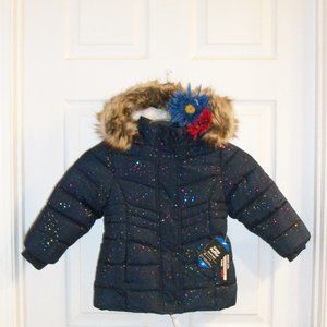 COZY PUFFER Quilted Jacket NWT 2T Hooded Navy Blue Sparkle Faux Fur Trim Sherpa